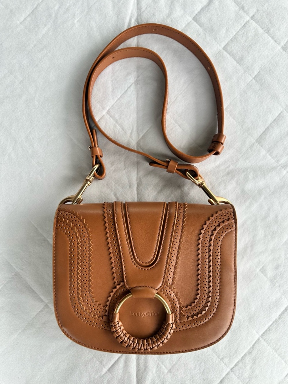 See By Chloe Cognac Brown Leather Crossbody with Gold Ring